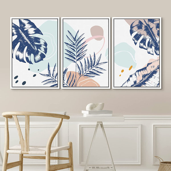 IDEA4WALL Framed Wall Art Print Set Pink & Blue Monstera & Palm Leaves